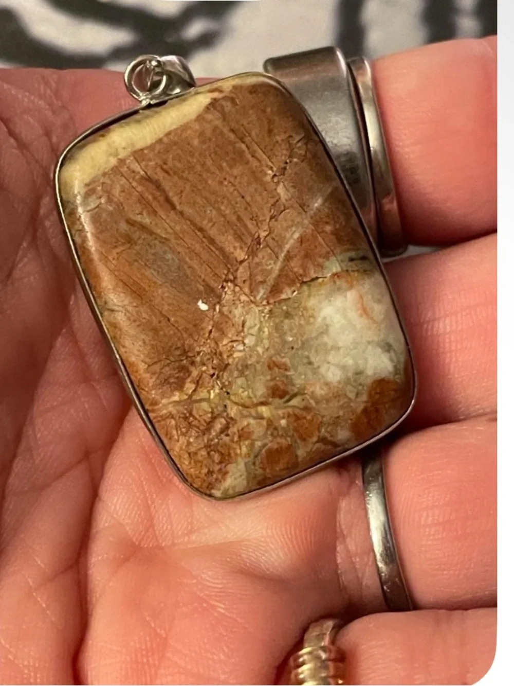 Natural Jasper Rectangle Pendant in Orange-Tan | Unbranded Sterling-Style Bezel
